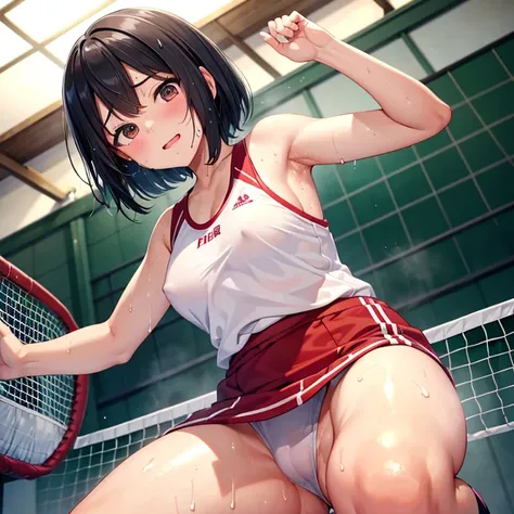 Japanese　13-year-old woman　naked　Both arms raised　Bob Hair　Armpit sweat　Volleyball practice　squat　Angle from directly below　Sweat dripping from the crotch　My crotch is very wet with sweat　Steam is coming out again　naked