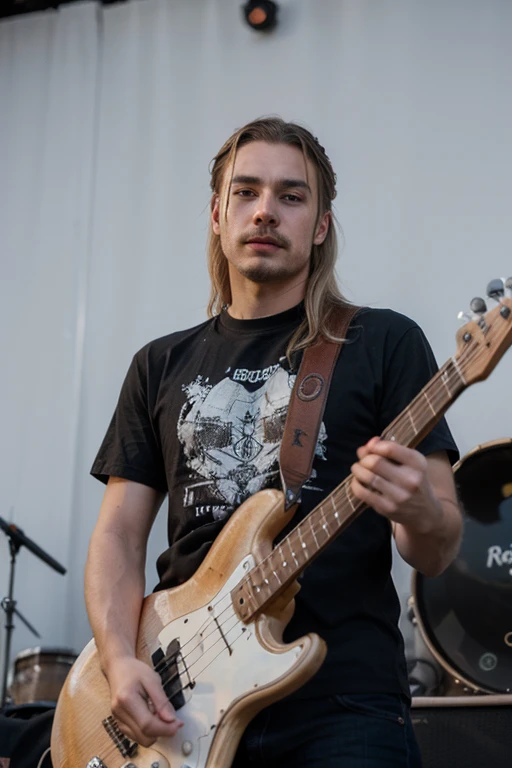 ((best quality)), ((masterpiece)), (detailed), perfect face, symmetrical eyes, one young man, 23 yo, blue eyes, blonde hair, sideburns, mustache, 1970 style, 
with a bass guitar, on stage at a rock concert