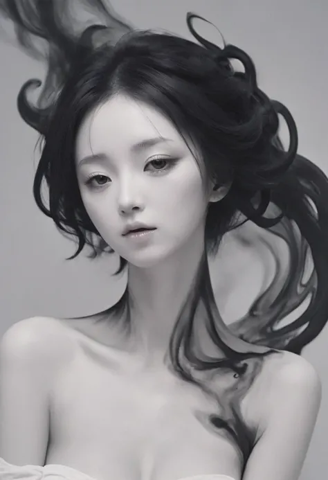 White Spirit_darkly，A girl made up of black smoke，1个Giant Breast Girl