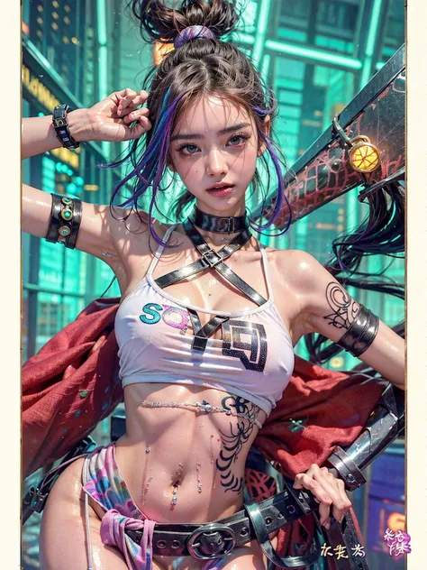 highest quality、surreal、perfect anatomy、crowded downtown area、Wet and shiny white skin、model body shape、micro bikini、Sweat dripping all over the body、rainbow hair、Super small face、blush、Ahegao、Natural lighting、Surrounded by spectators、Crowd、Photo session、C...