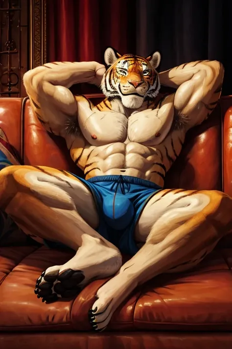 (male, anthropomorphic,smiling, muscled)[tiger],[lays on the sofa],[sweaty, perspiring],[feet, paw, foot],[raised high up and forwards],[focus on],[big, sweaty, paw pads],[paws][, soles],[claws],[sweat],[masculinity vibes],[medium: photorealistic],[detaile...