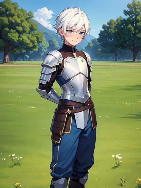 Young boy, solo, gay, white hair, blue eyes, no wear shirt, mercenary armor pant, gently smiling, blushing, shying, standing at plain, grass fields background, fantasy, masterpiece, pov, portrait