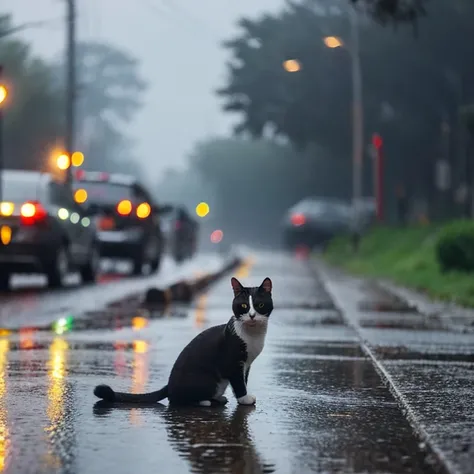 Stray cat getting hit by rain