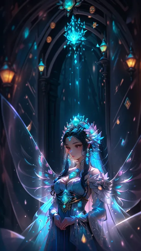 In the heart of an enchanted garden, a close-up image captures the majesty of a Female Queen, her regal countenance radiant with magic. Her ethereal wings, large and fluffy, are made of iridescent citrine stones that emit a soft, glowing light. The intrica...