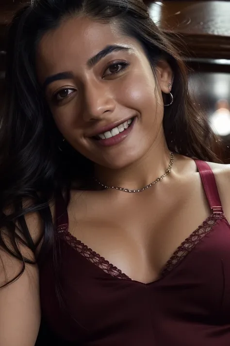 day scene, extreme close up photo of latina from top view, lying in a pub, wide open legs, maroon see through bra, massive, ponytail, necklace, 30 yo, look at viewer and smile, (cinematic:1.3), intricate details, (ArtStation:1.2)