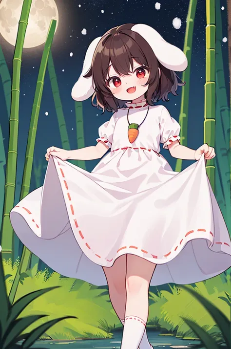 night, bamboo forest, snow, small river, reeds, inaba tewi, , flat chest, red eyes, naughty face, :d, smile, closed mouth, fangs...