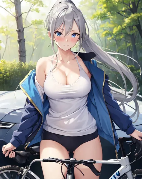 (((masterpiece))), ShizukaMikazuki, One Girl, alone, View your viewers, Long Hair, Gray Hair, Long sleeve, Cleavage, Large Breasts, Mature Body,clavicle, Jacket, Open clothes, open Jacket, blue Jacket, Ground vehicles, Play sports often, bicycle,blue eyes,...