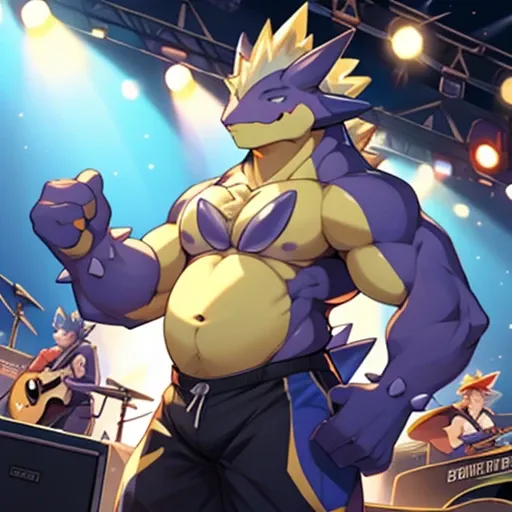 Pokemon LowkeyToxtricity, bashful, cute, out of shape, blue belly, on a concert stage, blue abdomen, blue chest, blue