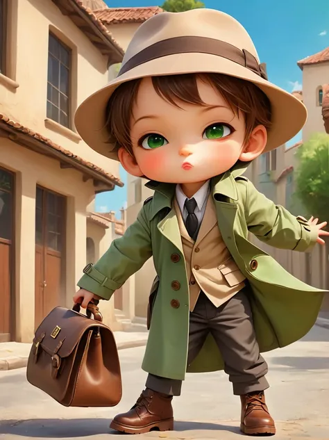 A young playful little boy，Wears a beige hat，Wearing a matching trench coat，Wild brown hair and playful green eyes peeking out from under the hat，Brown small school bagBREAK (Color toy gun)，Confident and slightly naughty smile，Background of the unknown tow...