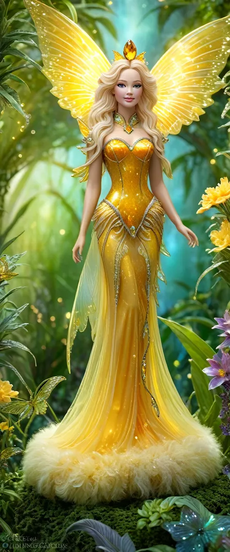 closeup of citrine stone female realistic queen with large fluffy decorative wings, magical, enchanted, glowing, bioluminiscent, highly detailed, standing in the enchanted garden 