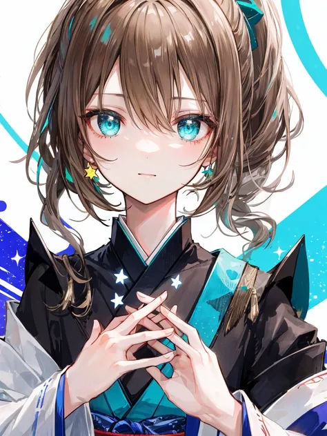 highest quality、muste piece、super detailed、perfect face、very detailed、very delicate、1 boy, (light brown hair)、ponytail, light blue eyes,   noble clothes、 full of confidence,  please keep your mouth shut、expressive eyes, collofull eyes, contrast, shadowy, m...