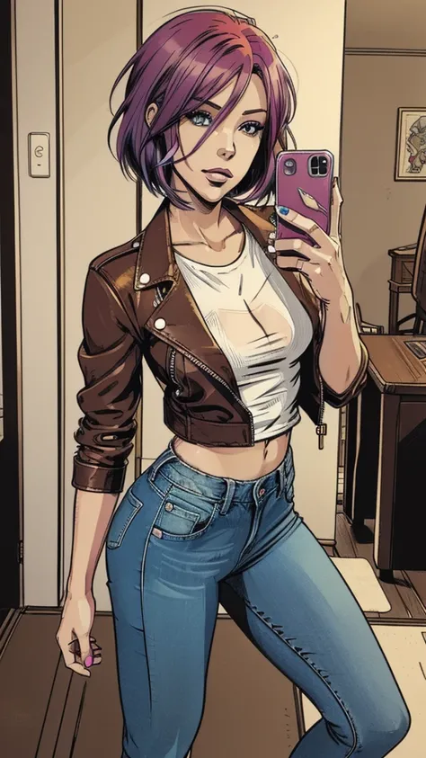 vector image, 2d cartoon,masterpiece, An anime woman,colored hair, provocative makeup,tight jeans, heels, prostitute sexy pose, leather jacket, t-shirt, taking selfie