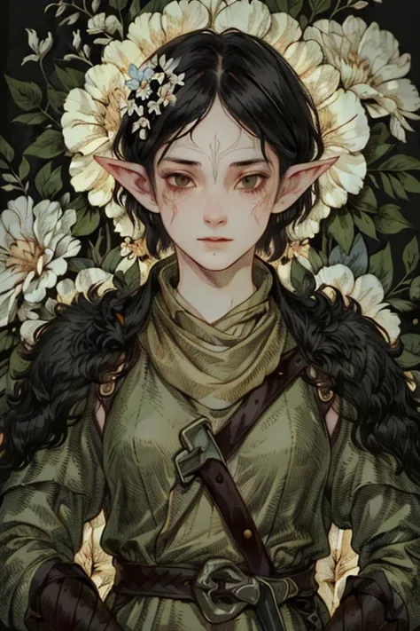 (best quality,4k,highres,masterpiece:1.2),ultra-detailed,realistic,portrait,dark,sharp focus,girl,flower,pierced ears,one,black ...