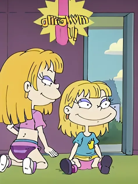 angelica pickles, one person in picture, freckles, shy, beautiful face, smiling, bikini, Blonde hair with two short braids, only 1 girl in frame, spread legs, ass, possing,