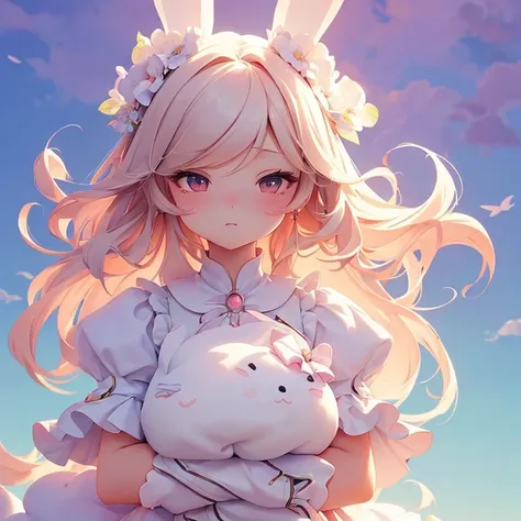 Bunny Morphing Girl, fluffy, soft ((highest quality)), ( Very detailed, Best details, Official Art, Beauty and aesthetics: 1.2), Depth of the written border, composition, whole body, (a bit), (Beautiful and detailed: 1.3), (wonderful:1), Colorful clouds bl...