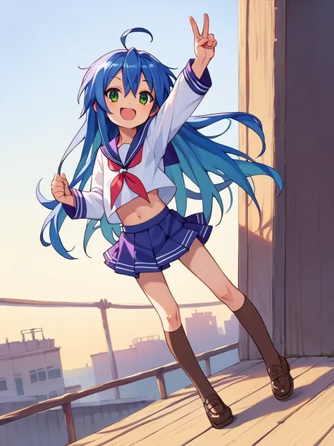 score_9, score_8_up, score_7_up, best quality, masterpiece, source_anime, photo, (natural skin, detailed skin:0.8), uncensored,
(child ,cute ,small girl:0.5), (colourful,Colouring in:1.0),skinny,
konata izumi, long hair, ahoge, green eyes, blue hair, skinn...