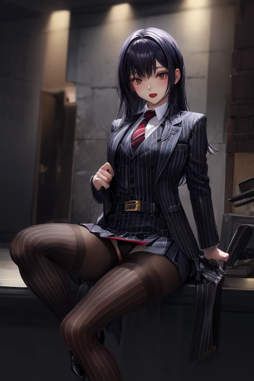 Set Skirt Pleated Short Skirt，Exposing your thighs。 Possession of a pistol, On alert, Ready for battle, Deserted Village, One girl, compensate, Silky Hair, Fully clothed, Skirt Suit, スーツとtie, (((Three-piece suit))), silk dress shirt, シャツとtie, tie, ((blazer...