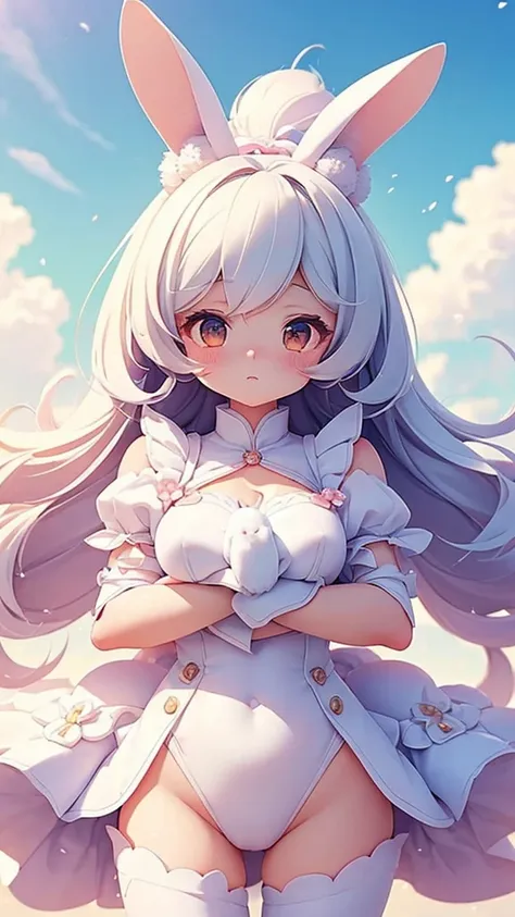 Bunny Morphing Girl, fluffy, soft ((highest quality)), ( Very detailed, Best details, Official Art, Beauty and aesthetics: 1.2), Depth of the written border, composition, whole body, (a bit), (Beautiful and detailed: 1.3), (wonderful:1), Colorful clouds bl...