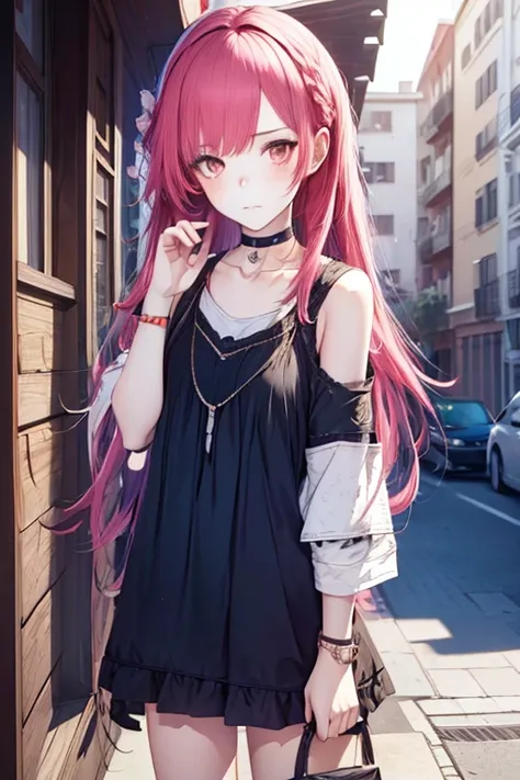 1girl, Wear casual clothes, accessories, choker, balcony, looking at viewer, armband, blush, multicolored hair, (shy pose, full shot), (stylized:1.3), (Highly detailed), (high resolution), (Best quality), (masterpiece)
