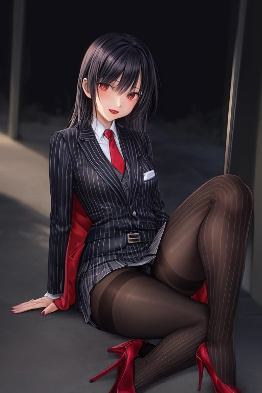 Set Skirt Pleated Short Skirt，Exposing your thighs。 Possession of a pistol, On alert, Ready for battle, Deserted Village, One girl, compensate, Silky Hair, Fully clothed, Skirt Suit, スーツとtie, (((Three-piece suit))), silk dress shirt, シャツとtie, tie, ((blazer...