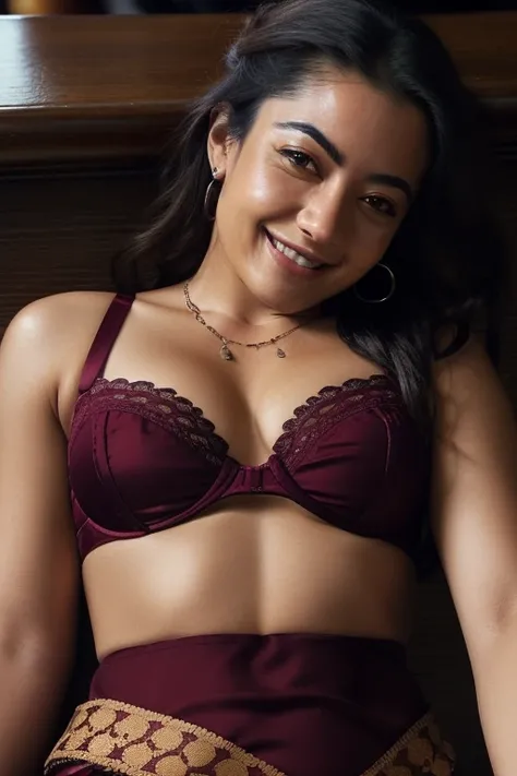 day scene, extreme close up photo of latina from top view, lying in a pub, wide open legs, maroon see through bra, perfect breasts, ponytail, necklace, 30 yo, look at viewer and smile, (cinematic:1.3), intricate details, (ArtStation:1.2)