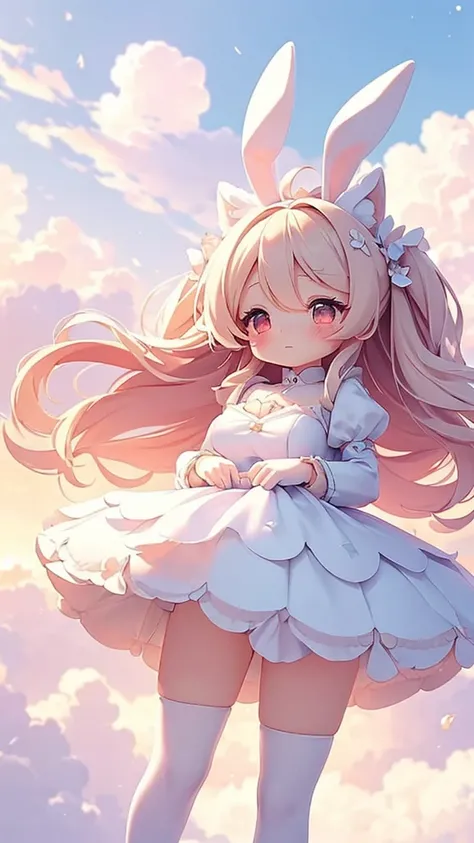 Bunny Morphing Girl, fluffy, soft ((highest quality)), ( Very detailed, Best details, Official Art, Beauty and aesthetics: 1.2), Depth of the written border, composition, whole body, (a bit), (Beautiful and detailed: 1.3), (wonderful:1), Colorful clouds bl...