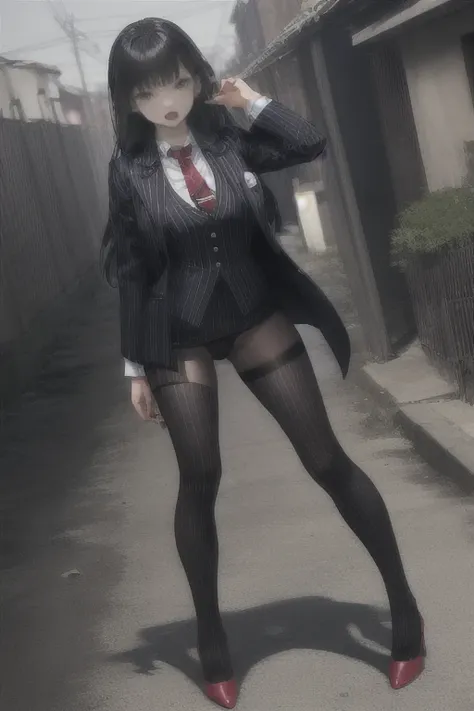 Set Skirt Pleated Short Skirt，Exposing your thighs。 Possession of a pistol, On alert, Ready for battle, Deserted Village, One girl, compensate, Silky Hair, Fully clothed, Skirt Suit, スーツとtie, (((Three-piece suit))), silk dress shirt, シャツとtie, tie, ((blazer...