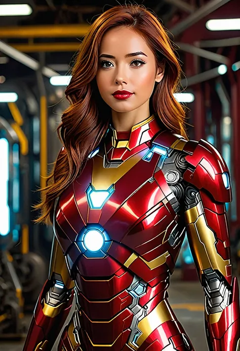 8k, realistic, attractive, highly detailed, a 25 year old girl a sexy and attractive woman inspired by Iron Man wearing a shiny Iron Man mech. She dresses with sexiness and confidence, perfectly interpreting Iron Man&#39;s strength and charisma. In a cyber...