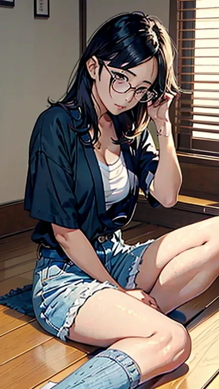 There is a woman sitting on the floor with her legs crossed., with glasses, japanese model, with glasses on, With square glasses, young sensual gravure idol, yasumoto oka, Real young gravure idol, no glasses, Yoshitomo Nara, aoi ogata, wearing glasses, sur...