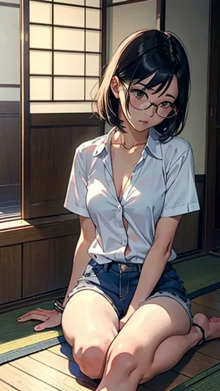 There is a woman sitting on the floor with her legs crossed., with glasses, japanese model, with glasses on, With square glasses, young sensual gravure idol, yasumoto oka, Real young gravure idol, no glasses, Yoshitomo Nara, aoi ogata, wearing glasses, sur...