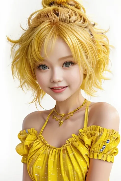 chibi style masterpiece,best quality,bellissima,1girl, solo, half body, yellow hair, cute, adorable, bright colors, cheerful, highly detailed, smile