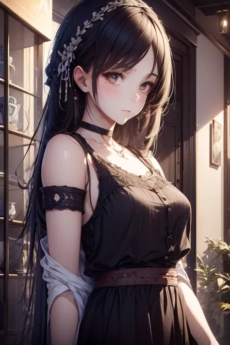 1girl, Wear casual clothes, accessories, choker, armband, blush, coffee shop, beautiful detail eyes, (full shot), (cinematic lighting:1.2), (detailed light:1.1), (stylized:1.3), (Highly detailed), (high resolution), (Best quality), (masterpiece)
