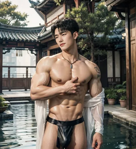 2 Handsome chinese guy kissing, smilling at each other, bare chest , strong sport muscle body, wet body, water drops on the skin, show the abs, 20 years old,hug, cuddle, touching lips, skin ship, romantic,  Asian, chinese hansome actor, kpop idol, handsome...