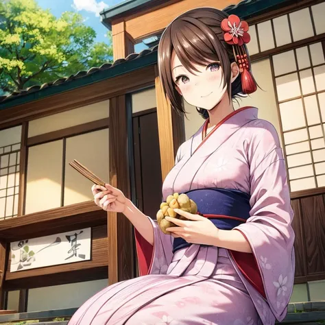 A woman in a yukata eating bean daifuku at a Japanese-style cafe　Tight clothing