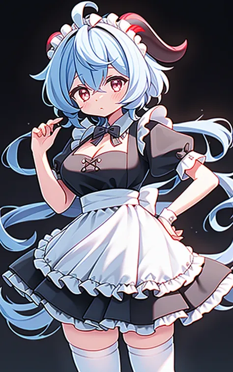 ((8k,masterpiece, best quality)),
1girl, solo, ganyu (genshin impact), breasts, horns, maid, long hair, thighhighs, blue hair, a...