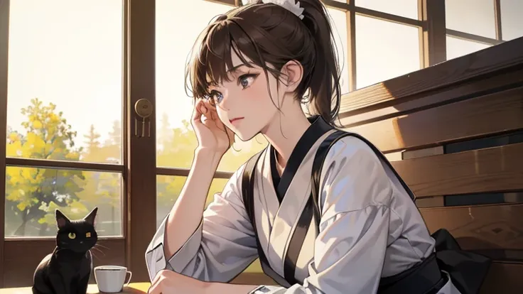  8k wallpaper, Super detailed, beautifully, masterpiece, highest quality, Realistic,Cute Woman, Relax at the cafe, Japanese high school students, ponytail, Japanese anime, masterpiece, Illustrated style, Black cat sitting, The woman is wearing headphones, ...