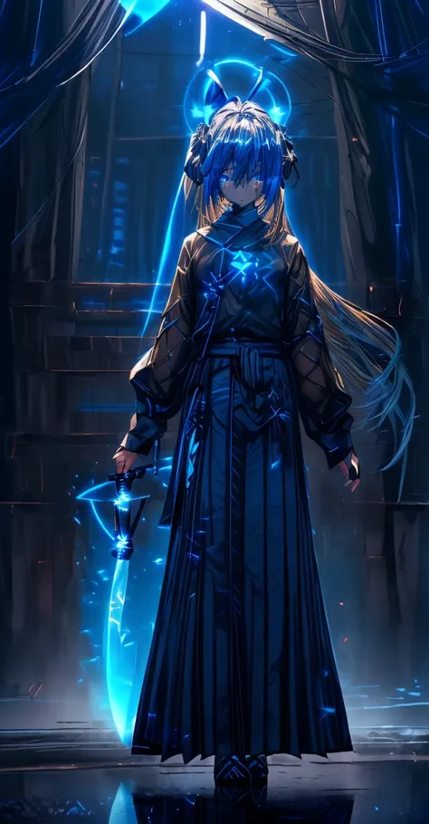 blue glowing、(((黒blue glowing瞳 )))、((((Dark blue )))) 、((((Blue poi silver hair))))、((((Medium length two side up hairstyle))))、(((Casual clothes)))、(((Casual maxi skirt))) 