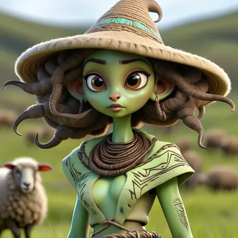 (best quality,4k,8k,highres,masterpiece:1.2),ultra-detailed,(realistic,photorealistic,photo-realistic:1.37),full body portrait of beautiful alien (light green skin, small cute antenna) native tribal woman in muddy primitive farm:1.2,(herding affectionate s...