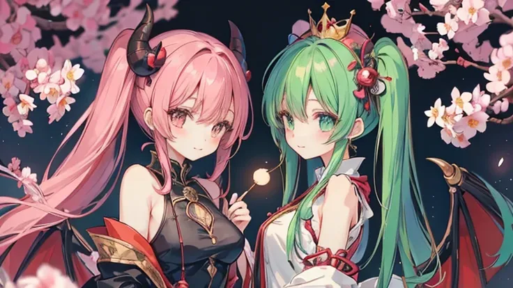 Japanese anime style.
Hong Kong at night, Park with dancing cherry blossoms.
A cute magical girl and a cool male demon king are enjoying the Parapara dance.
[Cute Magical Girl Features]
Long light green twin tails.
The hair accessories are beautiful, but、U...