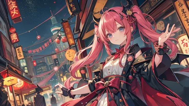 Japanese anime style.
Hong Kong at night, Park with dancing cherry blossoms.
A cute magical girl and a cool male demon king are enjoying the Parapara dance.
[Cute Magical Girl Features]
Long light green twin tails.
The hair accessories are beautiful, but、U...