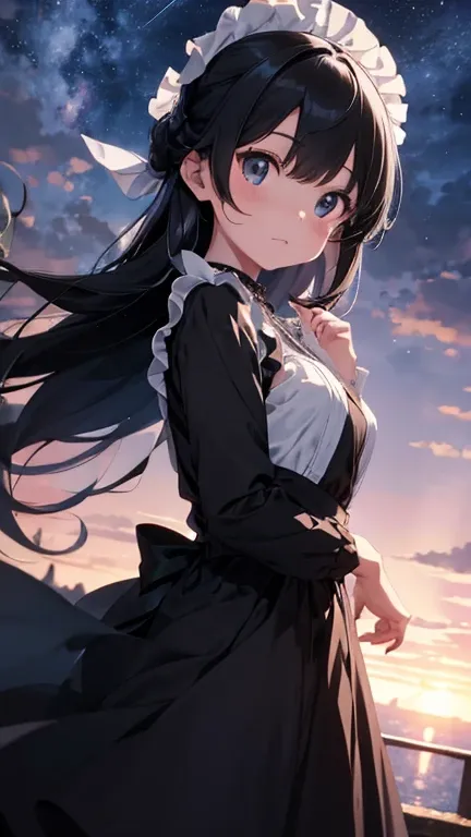 Stand from the side、Transparent crystal ball、Sky Sky、Crystal Necklace、First old age、Close your eyes))),((Ultra-detailed,highest quality, High resolution, 8k wallpaper, Beautiful clothes,))eye shadow, Eyeliner,Adult Girls。welcome、Pure black maid clothes。Bla...