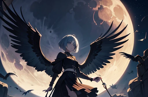 A girl with wings, Vulture-wings on her back. She is looking for her prey, Holding an evil bone-wand, Hunting lives in badlands. Midnight, Full moon, Dark, Shadowy, Evil, Eery atmosphere