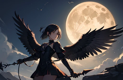 A girl with wings, Vulture-wings on her back. She is looking for her prey, Holding an evil bone-wand, Hunting lives in badlands. Midnight, Full moon, Dark, Shadowy, Evil, Eery atmosphere