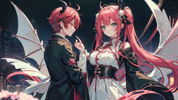 Japanese anime style.
Hong Kong at night, Park with dancing cherry blossoms.
A cute magical girl and a cool male demon king are enjoying the Parapara dance.
[Cute Magical Girl Features]
Long light green twin tails.
The hair accessories are beautiful, but、U...