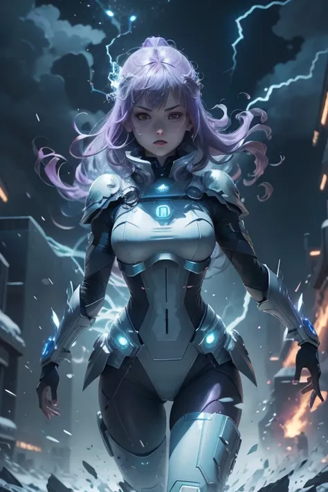 Epic anime style, Purple lightning, Evil temperament, 20-year-old armored assassin, glowing black aura, Armor supervisor, Beautuful Women。Facial, Brilliant and majestic. Beautiful standard fuselage and complete fuselage structure. Full body shot of a woman...