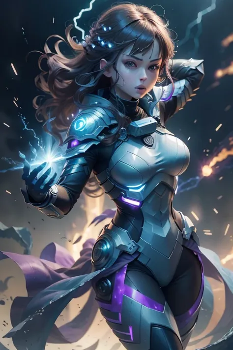 Epic anime style, Purple lightning, Evil temperament, 20-year-old armored assassin, glowing black aura, Armor supervisor, Beautuful Women。Facial, Brilliant and majestic. Beautiful standard fuselage and complete fuselage structure. Full body shot of a woman...