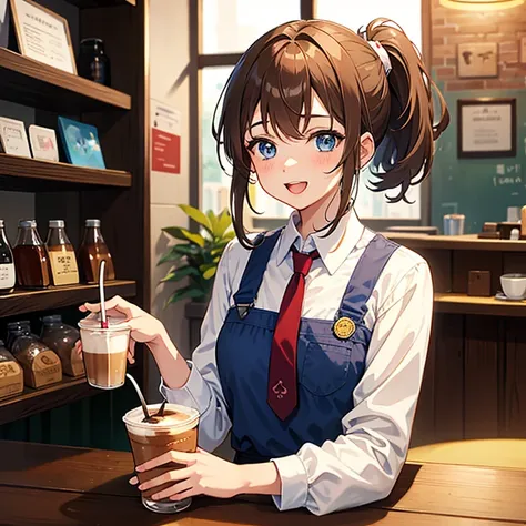 1 anime girl, light brown hair, blue eyes, Tie your hair in a ponytail., Tie your hair in a ponytail.short, coffee shop, making drinks, smiling warmly, 20 years old, Warm coffee shop