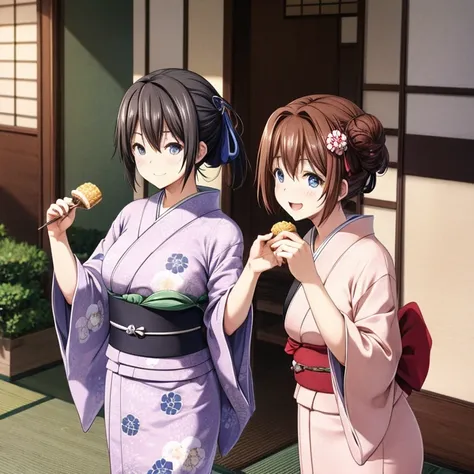 A woman in a yukata eating zenzai at a Japanese-style cafe　Tight clothing　highest quality