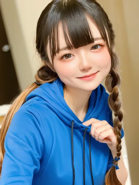 one girl、((smile:0.1))、pretty girl、dark beige hair、baby face、young、delicate girl、Braid、Upper body、small breasts、unreasonable precision、Super detailed、blue shirt、Layering、light orange hoodie、completely flat、Honesty、thin arms, professional lighting, film gra...