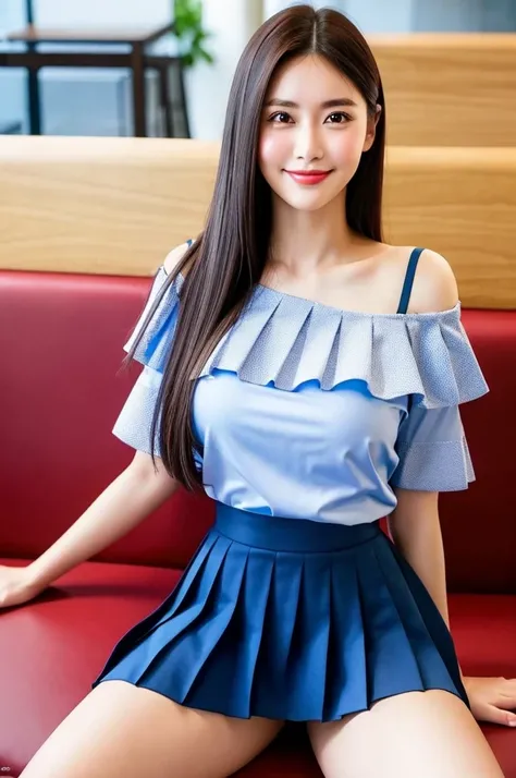 ,(tareme:1.4),kind eyes,huge breasts,(thick thighs),(beautiful japanese woman),pointy nose,straight hair,look at viewer,off-the-shoulder blouse,pleated skirt,shiny skin,sitting and spreading legs on sofa at cafe,24 years old,tender smile,sexy laced undies,...